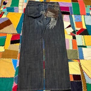 2000s AD Baggy Faded Loud Embroidered Dark Jeans 34x34